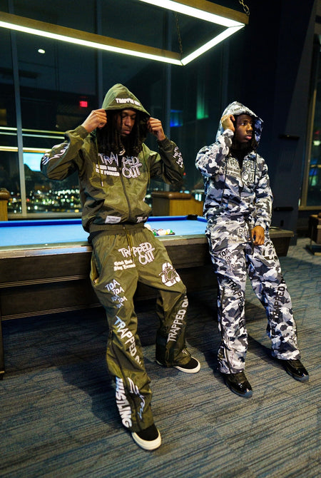 Windbreaker Pants - Olive Green Traped Out apparel full out fit