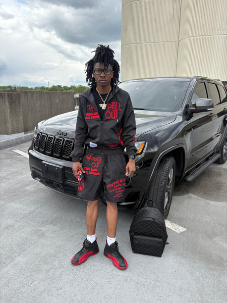 Traped Out Apparel Windbreaker Shorts - Black and Red full set