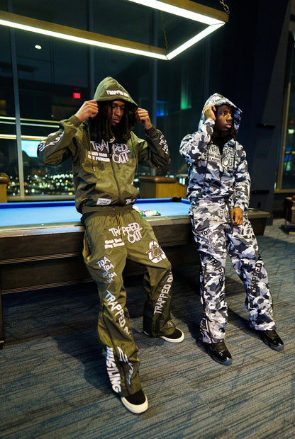Windbreaker Pants - Olive Green Traped Out apparel full out fit